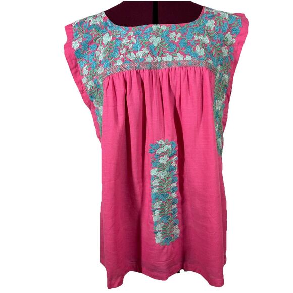 J Marie Hannah Floral Embroidered Linen Top Blouse Sz M Sleeveless Pink Blue - Picture 1 of 14